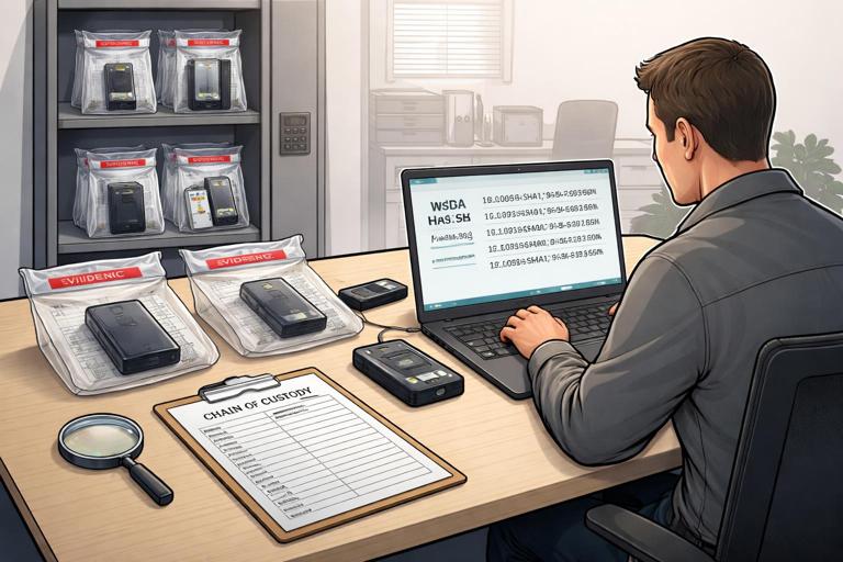 Illustration of a digital forensics evidence workflow: an investigator at a desk with a laptop, evidence bags with labeled drives, a clipboard chain-of-custody form, hash values on screen, secure storage cabinet in the background; clean professional style, realistic, neutral lighting, no brand logos, no readable personal data.