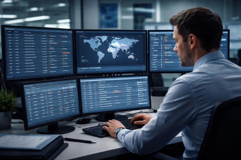 Corporate security investigation scene: analyst reviewing authentication logs on multiple monitors showing anonymized sign-in events, MFA prompts, and conditional access results; world map with highlighted unusual login location; professional office, realistic style, no readable text, no brand logos.