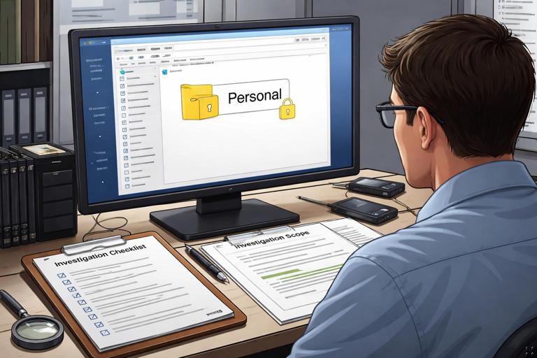 Workplace digital forensics scene: investigator viewing a file explorer with a clearly labeled Personal folder marked with a privacy lock icon, alongside an investigation checklist and scope document on a desk; calm professional tone, realistic illustration, no readable filenames, no brand logos.