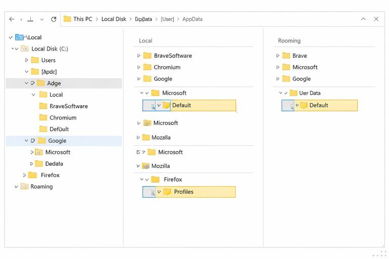 Illustration of a Windows file explorer view showing typical browser profile locations under C:\Users\<User>\AppData\Local and AppData\Roaming, with highlighted folders for Chrome User Data Default, Edge User Data Default, and Firefox Profiles, clean forensic/technical style, no logos, readable folder tree.