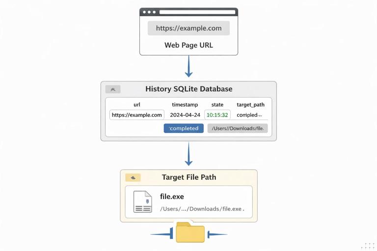 Forensic-style diagram showing browser download evidence flow: a web page URL leading to a download record in a History SQLite database, then to a target file path on disk (Downloads folder), with timestamps and states (completed, interrupted), clean technical infographic, neutral colors, no branding.