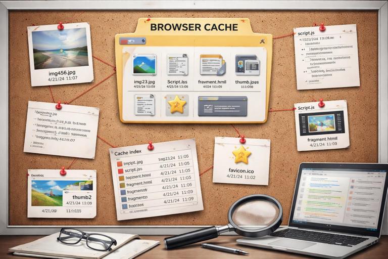 Technical illustration of browser cache artifacts: a folder-based cache with images, scripts, HTML fragments, favicons, thumbnails, and timestamps, shown as a structured evidence board for digital forensics, clean and realistic, no brand logos.
