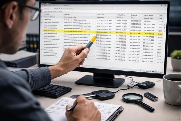 Realistic digital forensics scene: an analyst correlating Windows LNK shortcut metadata in a spreadsheet, highlighting a target path, timestamps, and a volume serial number that ties to a removable USB drive; clean desktop environment, technical documentary style, no logos, no readable sensitive data.