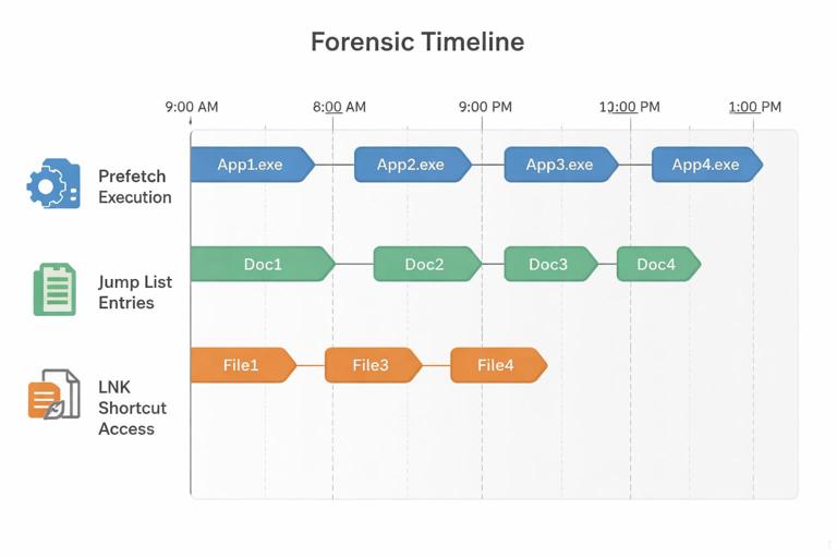 Forensic timeline visualization combining three sources: Prefetch execution, Jump List entries, and LNK shortcut access, aligned on a time axis; clean infographic style, muted colors, Windows artifact icons, no logos, readable generic labels only.