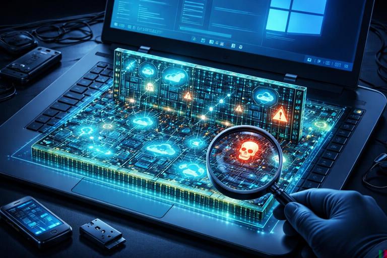 Illustration of a Windows computer with a transparent RAM layer revealing running processes, network connections, and hidden malware artifacts glowing in memory; forensic investigator theme, clean infographic style, high contrast, no text.