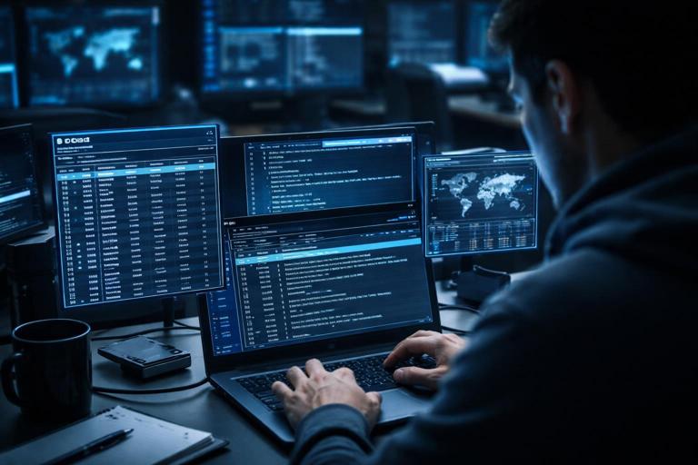 Cybersecurity training lab scene: analyst examining a PowerShell process in memory forensics with Volatility on a laptop, showing process list, command line, and network connections as abstract UI panels; realistic, modern, no text.