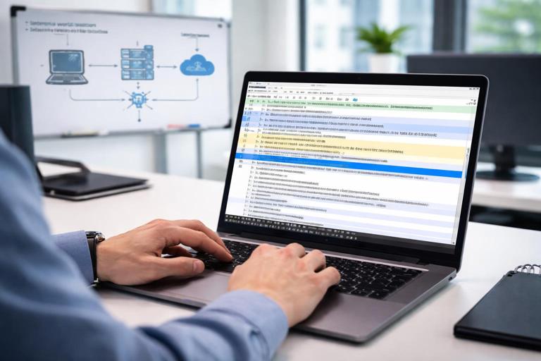 Scene of a cybersecurity analyst using Wireshark on a laptop, highlighting a TLS ClientHello packet with SNI and certificate details, with a simple network diagram showing an internal workstation connecting to an external IP; realistic but clean, modern office lighting, no on-screen readable text