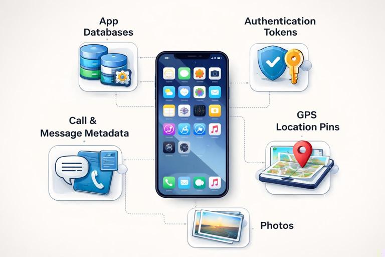 Illustration of a modern smartphone surrounded by labeled evidence icons: app databases, authentication tokens, GPS location pins, call and message metadata, photos; clean forensic/infographic style, neutral background, professional tone, high detail