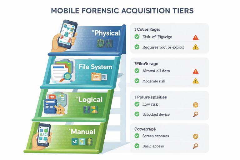 Infographic showing four tiers of mobile forensic acquisition: manual, logical, file system, physical; each tier as a stacked ladder with icons and notes for coverage, risk, prerequisites; clean vector style, professional, muted colors