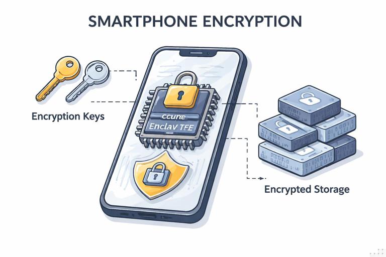 Diagram-style illustration of smartphone encryption: phone icon with a locked chip labeled Secure Enclave/TEE, keys, and encrypted storage blocks; forensic education style, clean and technical, muted colors