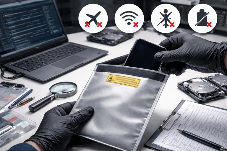 Scene of a digital forensics desk: investigator placing a smartphone into a Faraday bag, with icons for airplane mode, Wi-Fi, Bluetooth turned off; instructional, realistic, professional lighting, no brand logos