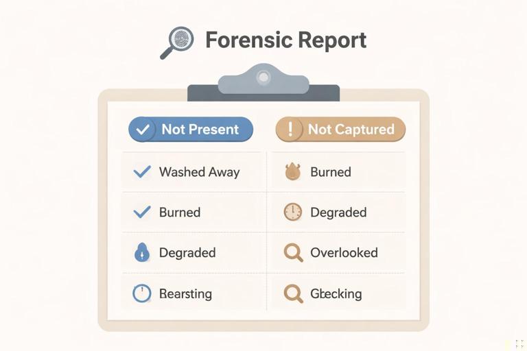 Minimalist forensic report illustration showing a checklist with two columns: not present vs not captured, and four reason categories; clean editorial infographic style, neutral colors, clear typography
