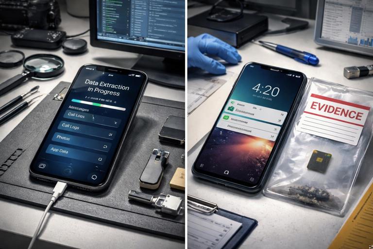 Split-panel illustration: left shows unlocked iPhone on forensic workstation doing backup extraction; right shows locked Android with notification screen and a removed microSD card in an evidence bag; realistic forensic lab setting, professional, no brand marks