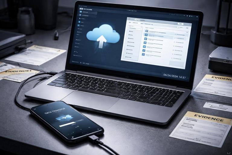 A clean, realistic digital forensics workstation scene showing an Android phone connected to a laptop, with a cloud backup icon and a local backup folder interface on screen, evidence tags, and a subtle timestamp overlay; professional, documentary lighting, no brand logos, no readable personal data.