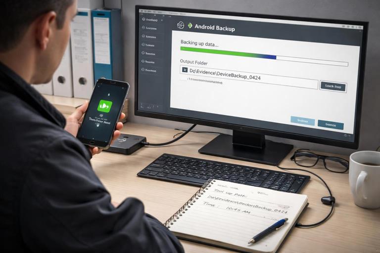 Illustration of an investigator creating an OEM Android backup: an Android phone connected by USB to a desktop computer showing a backup application interface writing to a clearly labeled evidence folder path; include a notepad with fields like tool version, backup path, time; realistic, professional, no readable sensitive data, no brand logos.