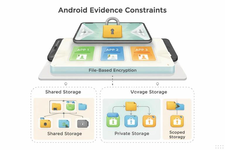 Conceptual cybersecurity illustration of Android evidence constraints: layered diagram showing an Android phone with app sandbox boxes, a lock icon representing file-based encryption, and a folder tree labeled shared storage vs private storage with scoped storage boundaries; clean infographic style, neutral colors, no logos, no readable personal data.