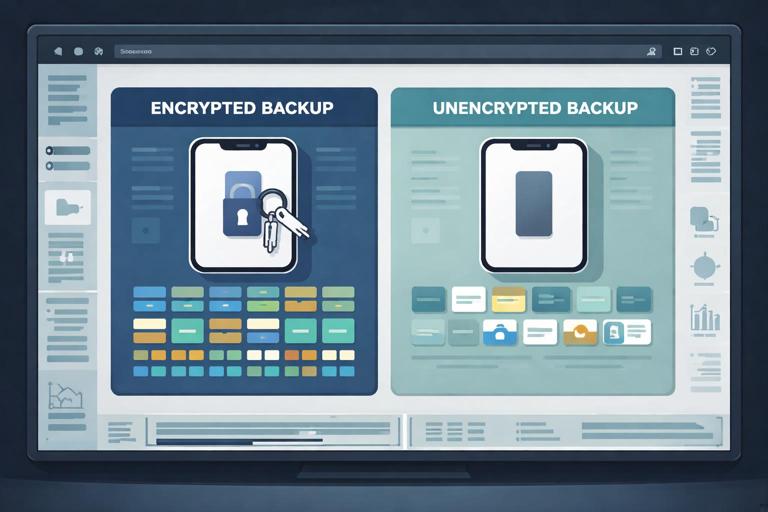 Illustration of two iPhone backup files side-by-side on a forensic workstation screen: one labeled Encrypted Backup showing a keychain icon and more data blocks, the other labeled Unencrypted Backup showing fewer artifacts; clean flat design, muted colors, cybersecurity/forensics vibe, no brand logos, no readable proprietary UI text.
