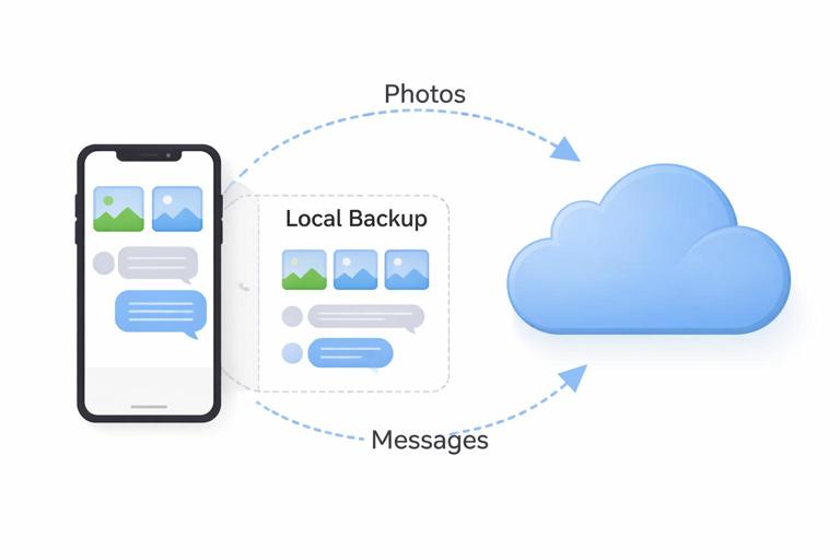 Diagram showing evidence shifting from iPhone to cloud: an iPhone icon connected to an iCloud-like cloud icon with arrows labeled Photos and Messages; local backup box showing partial thumbnails and partial chats; clean vector infographic style, neutral colors, no Apple logos, no real UI text.
