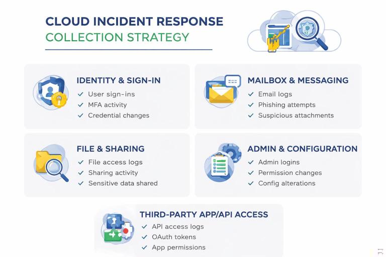 Illustration of a cloud incident response collection strategy checklist with five prioritized categories: identity and sign-in, mailbox and messaging, file and sharing, admin and configuration, and third-party app/API access; clean flat design, enterprise cybersecurity style, no logos, no brand names.