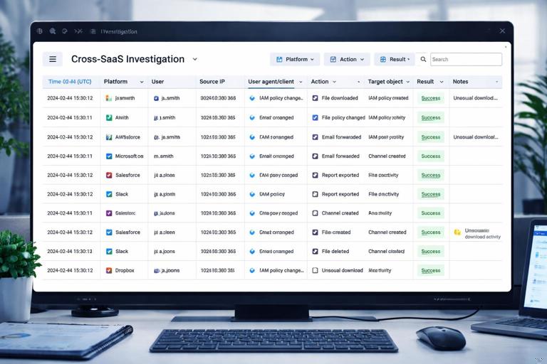 Illustration of a cross-SaaS investigation spreadsheet view with columns labeled Time (UTC), Platform, User, Source IP, User agent/client, Action, Target object, Result, Notes; clean professional UI mockup style, cybersecurity analyst desk vibe, no real company names or logos.