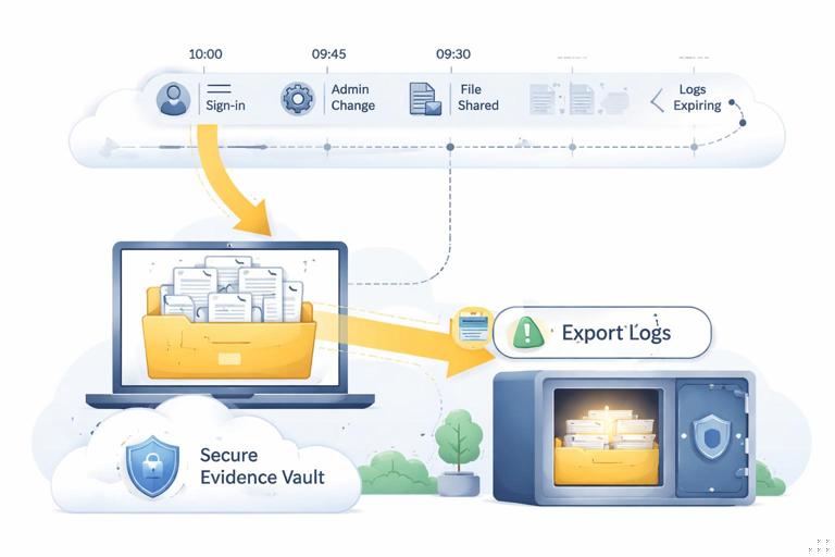 Illustration of a cloud audit log timeline showing events (sign-ins, admin changes, file sharing) gradually expiring/rotating, with a highlighted preservation action exporting logs into a secure evidence vault; clean infographic style, dark-on-light UI elements, no brand logos, high clarity.