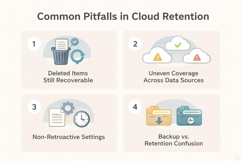Infographic showing four common pitfalls in cloud retention: deleted items still recoverable, uneven coverage across data sources, non-retroactive settings, and backup vs retention confusion; simple icons, numbered list layout, neutral colors, no vendor branding.