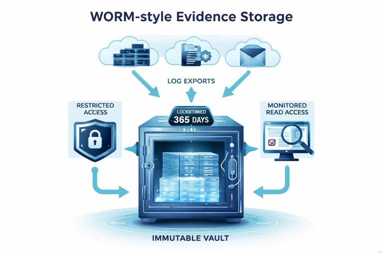 Diagram of WORM-style evidence storage: logs exported from cloud services into an immutable vault with locked retention timer, restricted write access, and monitored read access; professional cybersecurity illustration, clear labels, no provider logos.