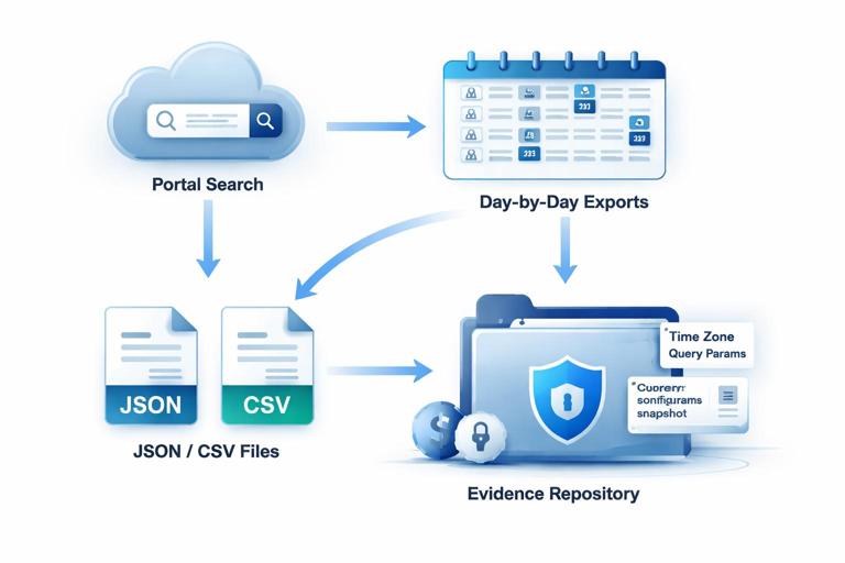 Workflow illustration of exporting cloud audit logs: portal search -> day-by-day exports -> JSON/CSV files -> evidence repository with metadata (time zone, query params), plus configuration snapshots; clean process diagram, cybersecurity theme, no vendor branding.