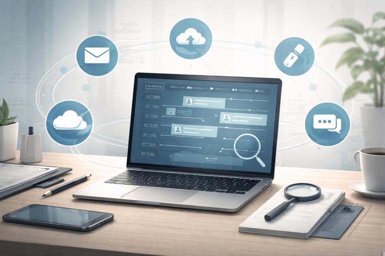 Illustration of a corporate data theft investigation concept using legitimate tools: a Windows laptop on a desk, icons representing email, cloud drive sync, USB flash drive, and chat apps connected by subtle lines, forensic timeline overlay, muted professional colors, clean modern infosec style, no brand logos, no readable text