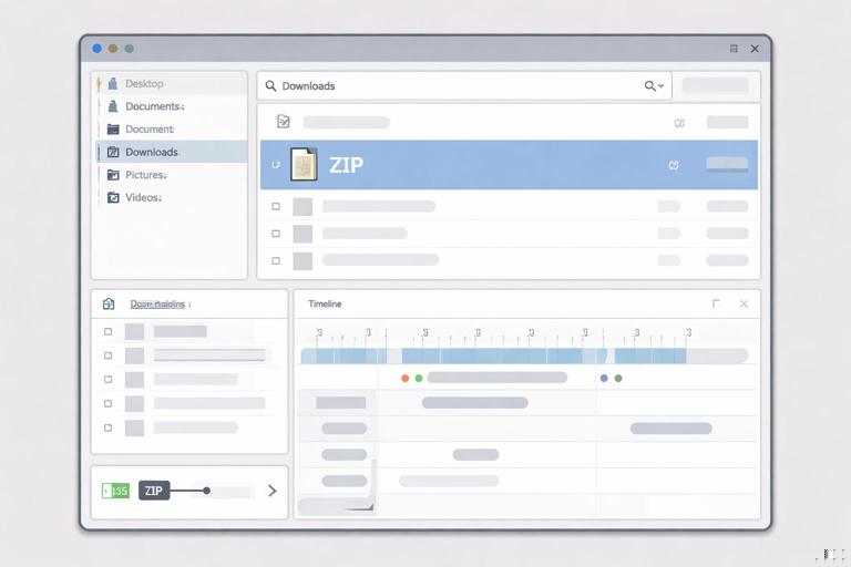 Forensic workstation view showing a Windows file explorer with a ZIP file in Downloads, a timeline panel with timestamps, and a USB connection event indicator; clean UI-style illustration, neutral colors, no readable text, no logos