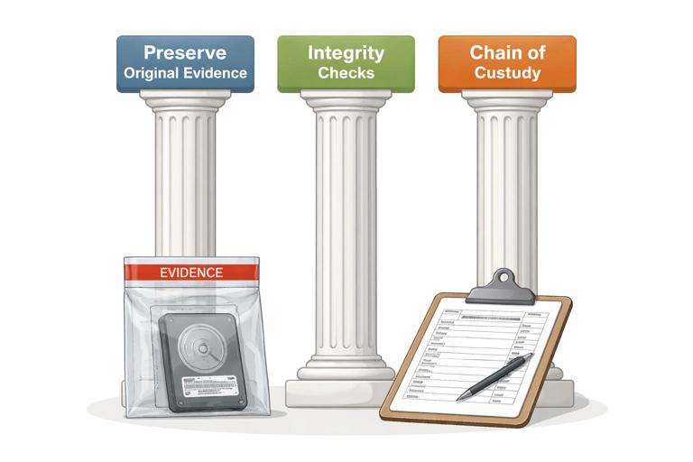 Illustration for a digital forensics lesson: a clean, minimalist diagram showing three labeled pillars or columns titled Preserve Original Evidence, Integrity Checks, and Chain of Custody, with a sealed evidence drive and a clipboard/logbook, professional forensic lab style, neutral colors, high clarity, no text beyond the three pillar labels