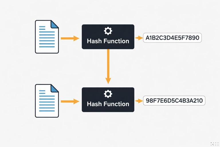 A clear educational illustration of hashing: a file icon going into a black box labeled Hash Function and producing a short hexadecimal digest string, with a second nearly identical file producing a completely different digest, modern flat design, forensic/technical style, neutral background, high readability, no quotation marks