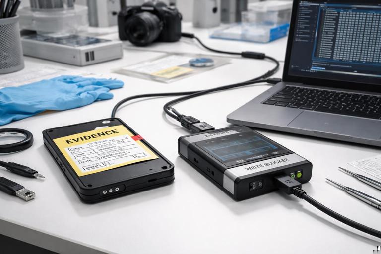 Photo-realistic style illustration of a forensic workstation with an external hard drive connected through a write blocker device (small inline hardware labeled Write Blocker), evidence tag on the drive, clean lab environment, neutral lighting, professional DFIR feel, no quotes