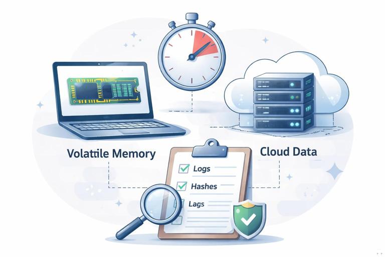 An illustration of volatile and cloud evidence collection: a laptop with a RAM chip icon labeled Volatile Memory and a cloud server icon labeled Cloud Data, a stopwatch for time sensitivity, and a checklist for logs and hashes, clean modern infographic style, neutral colors, no quotes