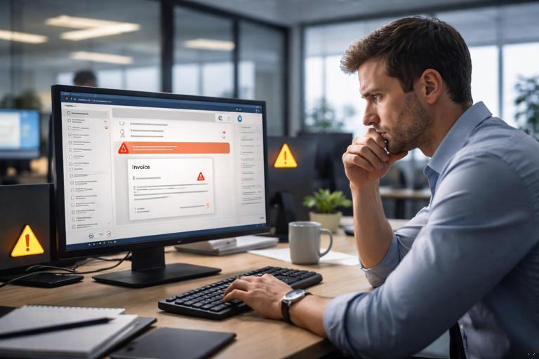 Realistic office cybersecurity incident scene: a finance employee at a desk looking worried at an email client showing a suspicious invoice email, Microsoft 365-style interface on monitor, subtle warning icons, SOC-style atmosphere, daylight office, photorealistic, no readable text, no brand logos, high detail.