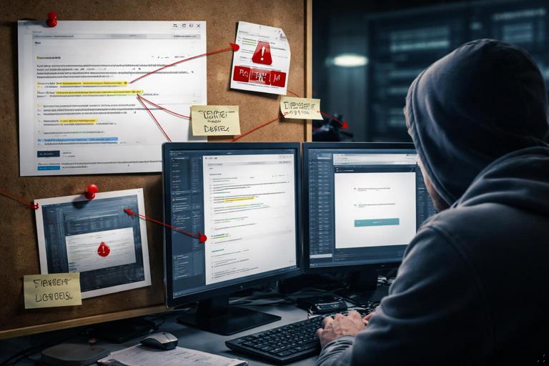 Cybersecurity investigation collage: analyst reviewing a phishing email with extracted URLs, suspicious attachment icon, and a fake login page preview on a secondary screen; evidence board feel with arrows and timestamps; modern SOC desk, realistic lighting, no readable text, no logos.