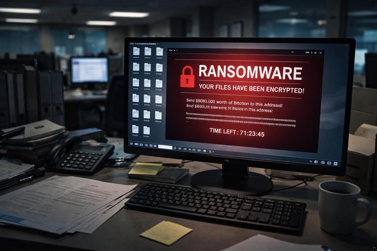 Realistic office scene in a finance department: a Windows workstation monitor showing a ransomware note on the desktop, file icons with renamed extensions, dim corporate lighting, incident-response vibe, no readable brand logos, photorealistic style