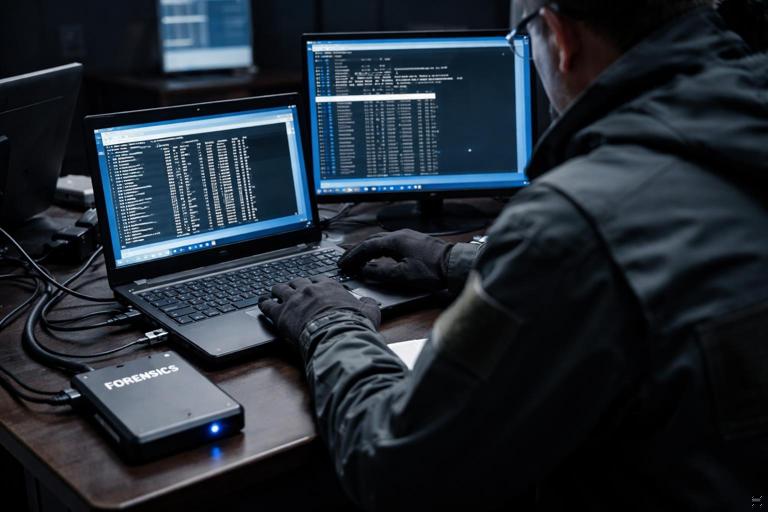 Cybersecurity incident responder collecting volatile evidence: laptop connected to a Windows PC, external evidence drive labeled Forensics, command prompt windows showing process list and netstat, dim operations room, realistic documentary photo style, no readable sensitive text