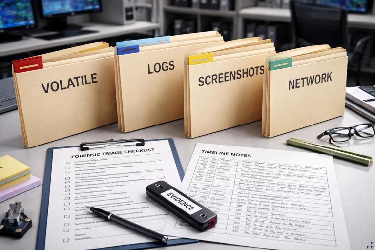 Forensic triage evidence package on a desk: labeled folders like Volatile, Logs, Screenshots, a USB evidence drive, a printed checklist and timeline notes, clean professional cybersecurity lab setting, realistic photo style, no readable confidential details