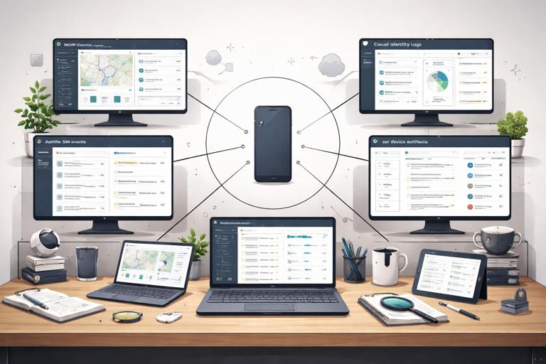 Illustration of a cybersecurity incident response desk with multiple data sources shown as dashboards: MDM console, cloud identity logs, email audit logs, carrier SIM events, and user device artifacts; a missing smartphone silhouette at the center connected by lines to each source; professional, clean, modern flat + semi-realistic style, neutral colors, high detail, no text.