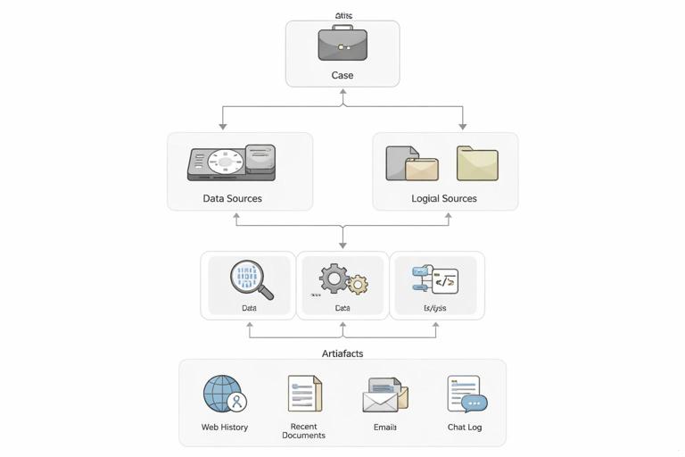 Illustration of a digital forensics workflow diagram showing a Case containing multiple Data Sources (disk image, logical files), feeding into analysis modules, producing artifacts like web history and recent documents, with a clean UI-style schematic, neutral colors, professional technical infographic style, no brand logos, no text labels.