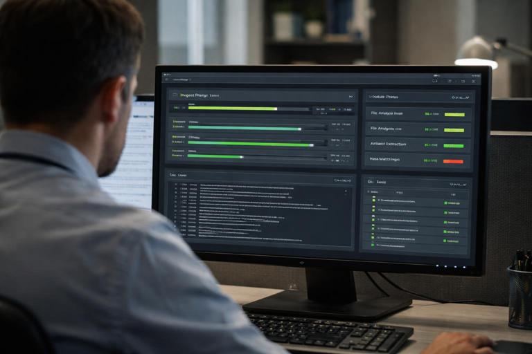 Scene of a forensic analyst monitoring a digital forensics ingest process on a computer screen: progress bars, log messages, module status indicators, neutral office setting, realistic but generic UI, no readable text, professional documentary style, soft lighting.
