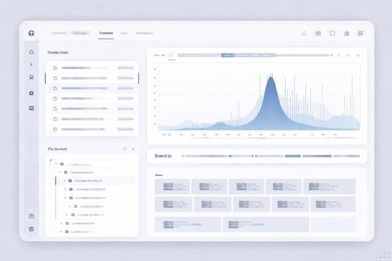 Visualization of a forensic timeline analysis: a time-series chart with a spike of events, side panel listing file paths, and a file tree view, clean modern UI mockup, no readable text, professional technical illustration, cool neutral color palette.