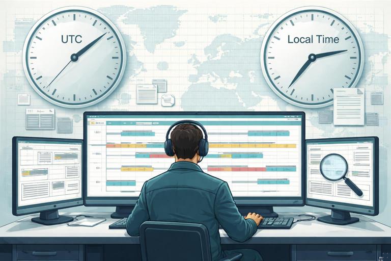 Illustration of a digital forensics analyst building a timeline on multiple monitors, with overlapping clock faces labeled UTC and Local Time, subtle map grid and log file icons, clean technical infographic style, muted colors, high clarity, no text