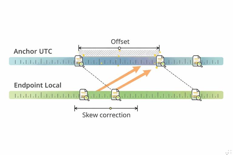 Technical illustration showing a timeline ruler with two parallel tracks labeled Anchor UTC and Endpoint Local, with a visible offset and arrows indicating skew correction, forensic log icons, clean vector infographic style, neutral colors, no text