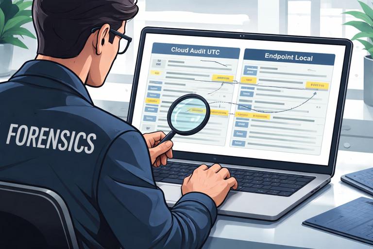 Scene of a forensic investigator comparing two event logs on a laptop screen: one labeled Cloud Audit UTC and one labeled Endpoint Local, with highlighted matching events and a small offset calculation, modern clean vector style, subdued professional colors, no text