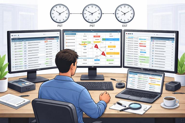 Illustration of a digital forensics validation process: an investigator at a desk cross-checking multiple log sources on monitors, with a timeline, time zone indicators, and highlighted discrepancies; neutral professional office style, clean infographic feel, high detail, no text.