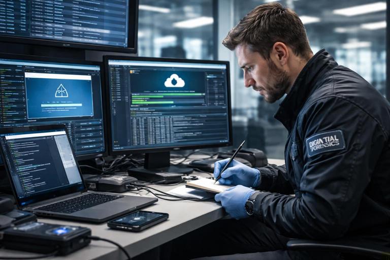 Illustration of a digital forensics investigator collecting evidence from a live computer while background processes run: Windows desktop with update, antivirus scan, cloud sync icons, logs scrolling, timestamps changing; investigator taking minimal notes; tense clean corporate IT scene, realistic, high detail, no text.