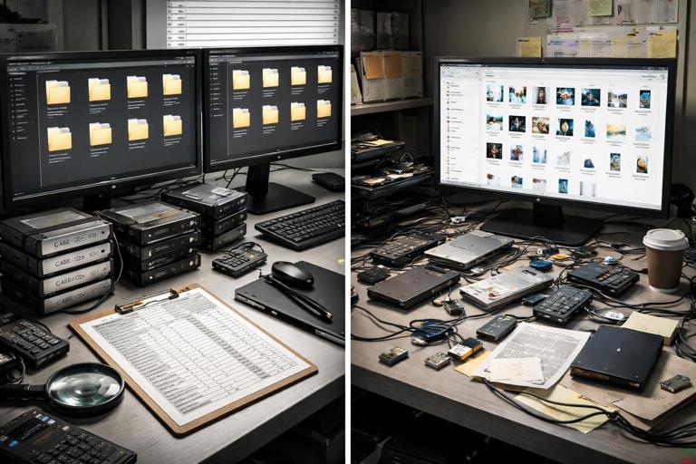 Organized digital evidence workspace showing clearly separated folders by case and source IDs (S01, S02) on a forensic workstation, with labeled external drives and a manifest spreadsheet; contrasting chaotic mixed files in one folder; realistic, professional, high detail, no text.