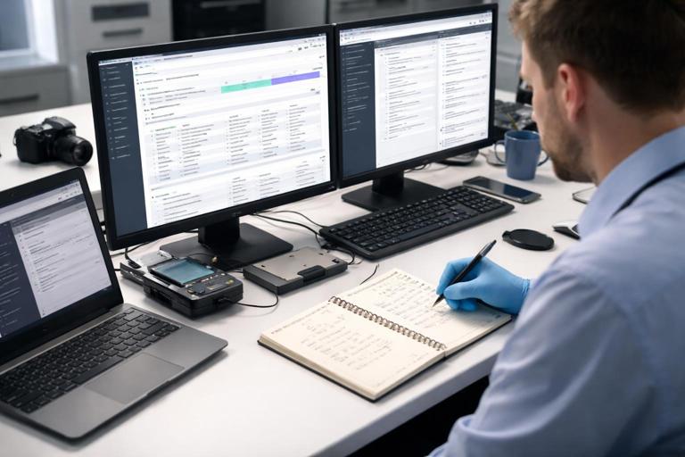 Forensic analyst at a workstation documenting tool versions and query settings: screen shows a forensic tool report, a settings panel, a saved query file, and a notebook with version numbers; clean lab environment, realistic lighting, high detail, no text.